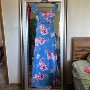 Blue satin wedding guest dress
